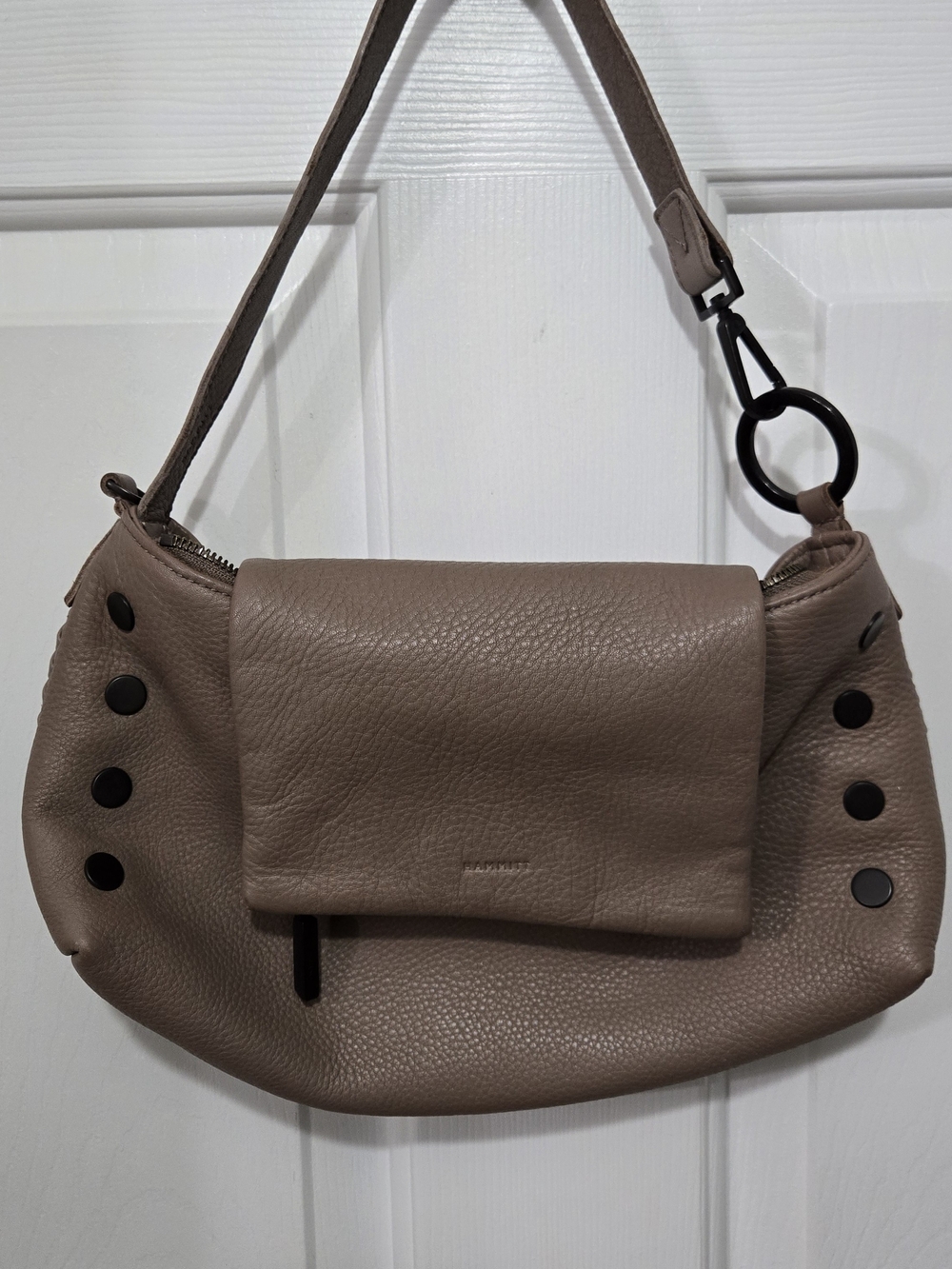 Hammitt Taupe Pebbled Leather Shoulder Bag with Black Studs